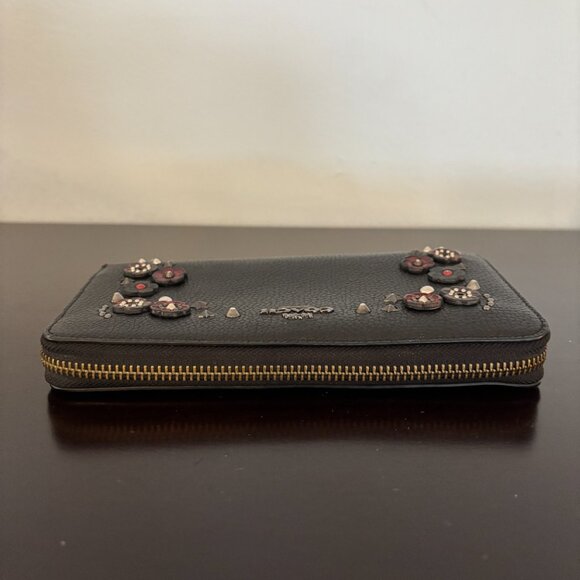 Coach Black Leather Willow Floral Applique Zip Around Accordion Wallet - Picture 6 of 9